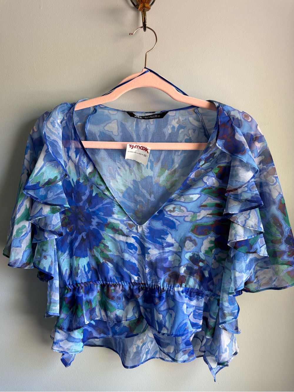 Zara Sheer Blue Teal White Floral Blouse XS NWT - Picture 10 of 16